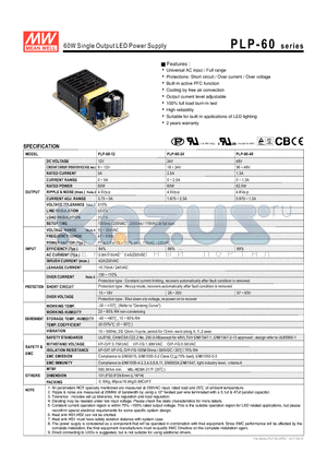 PLP-60 datasheet - 60W Single Output LED Power Supply