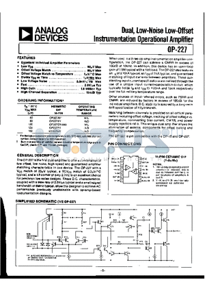 OP-227FY datasheet - DUAL, LOW-NOISE LOW OFFSET INSTRUMENTATION OPERATIONAL AMPLIFIER