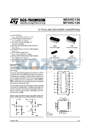 M74HC138M1R datasheet - 3 TO 8 LINE DECODER INVERTING