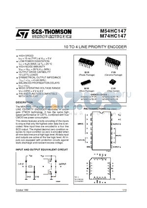 M74HC147 datasheet - 10 TO 4 LINE PRIORITY ENCODER