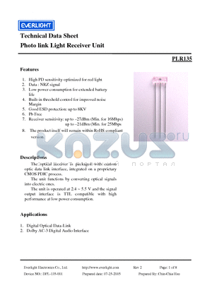 PLR135 datasheet - Technical Data Sheet Photo link Light Receiver Unit