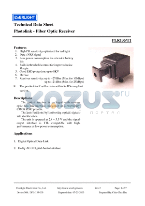 PLR135-T1 datasheet - Photolink - Fiber Optic Receiver