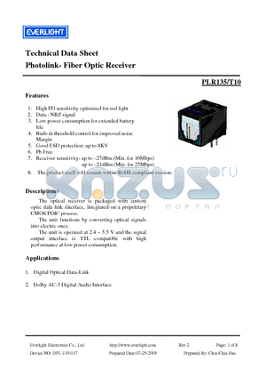 PLR135-T10 datasheet - Photolink- Fiber Optic Receiver