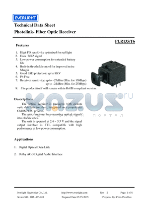 PLR135-T6 datasheet - Photolink- Fiber Optic Receiver