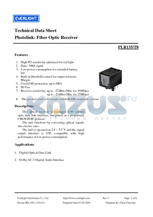 PLR135-T8 datasheet - Photolink- Fiber Optic Receiver