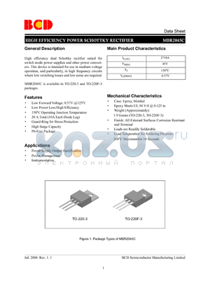 MBR2045CT-E1 datasheet - HIGH EFFICIENCY POWER SCHOTTKY RECTIFIER