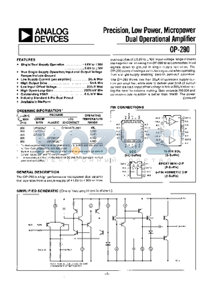 OP-290EZ datasheet - PRECISION, LOW POWER, MICROPOWER DUAL OPERATIONAL AMPLIFIER