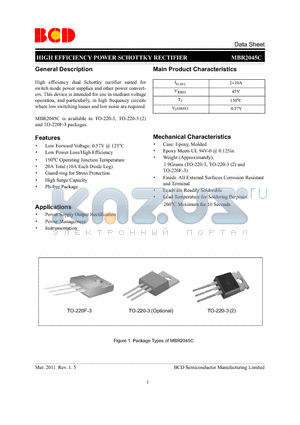 MBR2045CT-G1 datasheet - HIGH EFFICIENCY POWER SCHOTTKY RECTIFIER