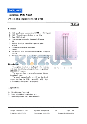 PLR233 datasheet - Photo link Light Receiver Unit