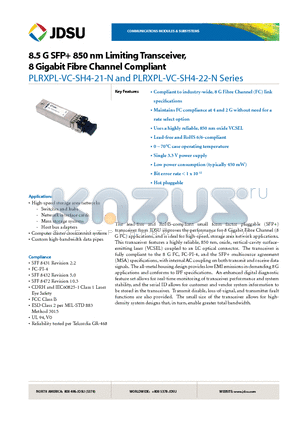 PLRXPL-VC-SH4-21-N datasheet - 8.5 G SFP 850 nm Limiting Transceiver