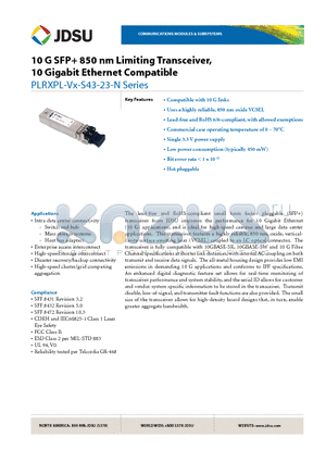 PLRXPL-VX-S43-23-N datasheet - 10 G SFP 850 nm Limiting Transceiver, 10 Gigabit Ethernet Compatible