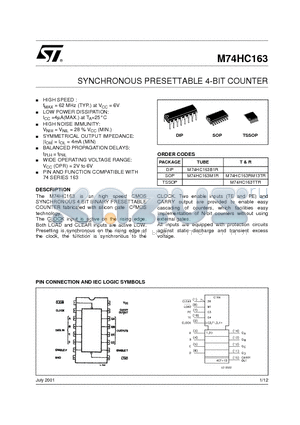 M74HC163B1R datasheet - SYNCHRONOUS PRESETTABLE 4-BIT COUNTER