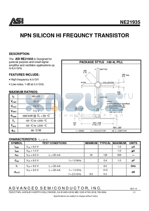 NE21935 datasheet - NPN SILICON HI FREQUNCY TRANSISTOR