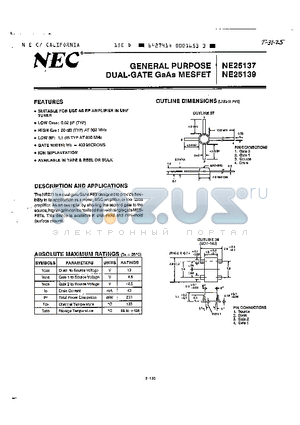 NE25139 datasheet - GENERAL PURPOSE DUAL GATE GAAS MESFET