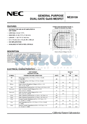 NE25139-T1 datasheet - GENERAL PURPOSE DUAL-GATE GaAS MESFET