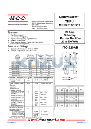 MBR2060FCT datasheet - 20 Amp Schottky Barrier Rectifier 20 to 100 Volts