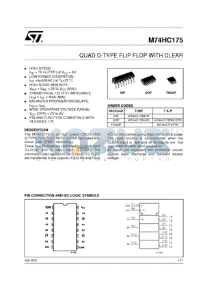 M74HC175TTR datasheet - QUAD D-TYPE FLIP FLOP WITH CLEAR
