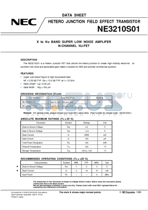 NE3210S01-T1 datasheet - X to Ku BAND SUPER LOW NOISE AMPLIFER N-CHANNEL HJ-FET