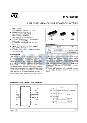 M74HC190RM13TR datasheet - 4 BIT SYNCHRONOUS UP/DOWN COUNTERS