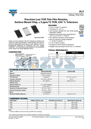 PLT datasheet - Precision Low TCR Thin Film Resistor, Surface Mount Chip, a 5 ppm/`C TCR, 0.01 % Tolerance