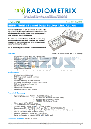 PLT datasheet - NBFM Multi channel Data Packet Link Radios