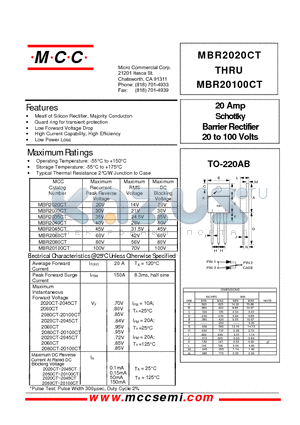 MBR2080CT datasheet - 20 Amp Schottky Barrier Rectifier 20 to 100 Volts