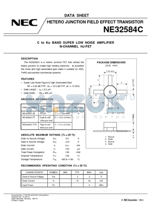 NE32584C-SL datasheet - C to Ku BAND SUPER LOW NOISE AMPLIFIER N-CHANNEL HJ-FET