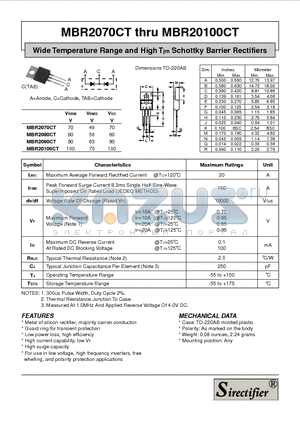 MBR2080CT datasheet - Wide Temperature Range and High Tjm Schottky Barrier Rectifiers