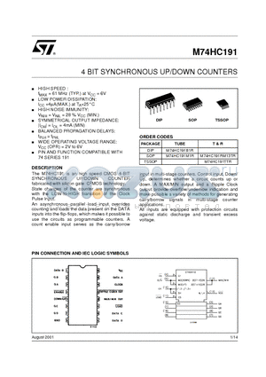 M74HC191RM13TR datasheet - 4 BIT SYNCHRONOUS UP/DOWN COUNTERS