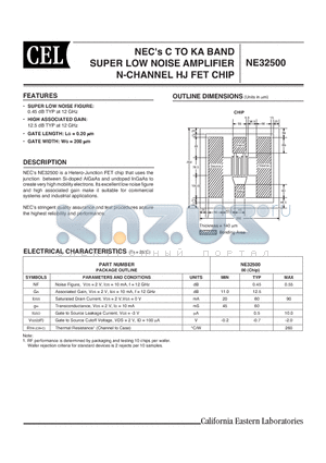NE32500 datasheet - C TO KA BAND SUPER LOW NOISE AMPLIFIER N-CHANNEL HJ FET CHIP