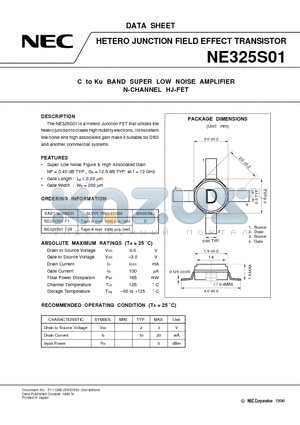 NE325S01 datasheet - C to Ku BAND SUPER LOW NOISE AMPLIFIER N-CHANNEL HJ-FET