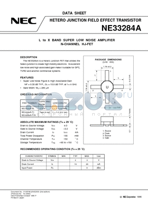 NE33284A-T1A datasheet - L to X BAND SUPER LOW NOISE AMPLIFIER N-CHANNEL HJ-FET