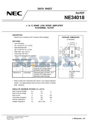 NE34018-T2 datasheet - L to S BAND LOW NOISE AMPLIFIER N-CHANNEL HJ-FET