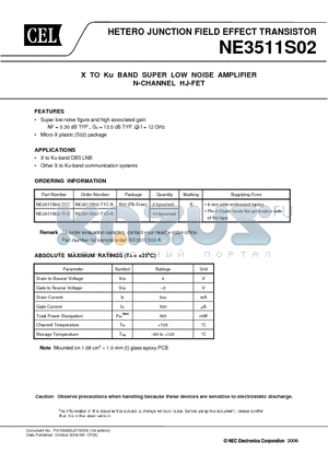 NE3511S02-T1C-A datasheet - X TO Ku BAND SUPER LOW NOISE AMPLIFIER N-CHANNEL HJ-FET