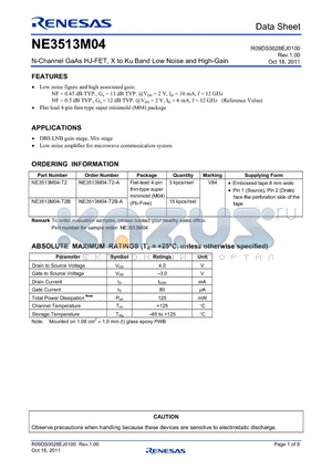 NE3513M04-T2B datasheet - N-Channel GaAs HJ-FET, X to Ku Band Low Noise and High-Gain