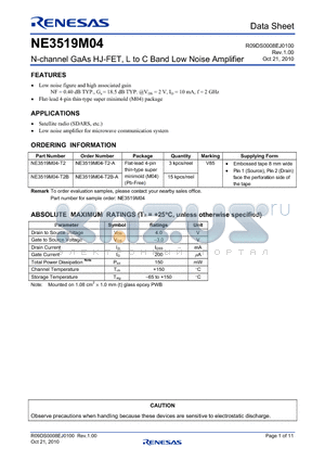 NE3519M04-T2 datasheet - N-channel GaAs HJ-FET, L to C Band Low Noise Amplifier