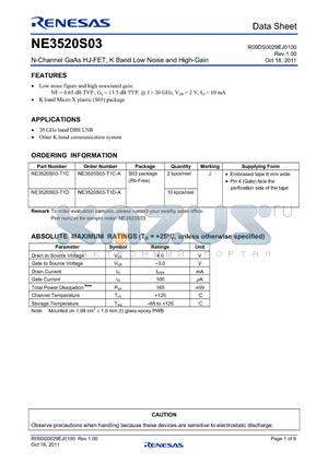 NE3520S03-T1C datasheet - N-Channel GaAs HJ-FET, K Band Low Noise and High-Gain