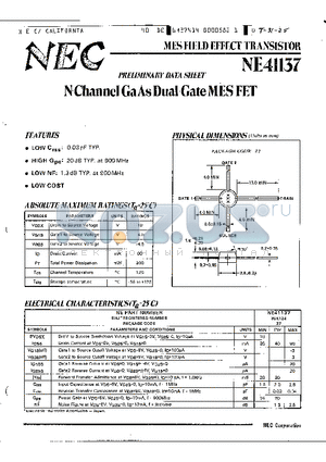 NE41137 datasheet - N-CHANNEL GAASDUAL-GATE MESFET