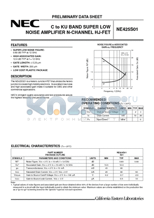 NE425S01 datasheet - C to KU BAND SUPER LOW NOISE AMPLIFIER N-CHANNEL HJ-FET