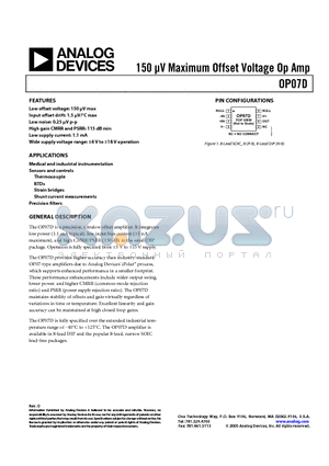 OP07DR-REEL datasheet - 150 lV Maximum Offset Voltage Op Amp