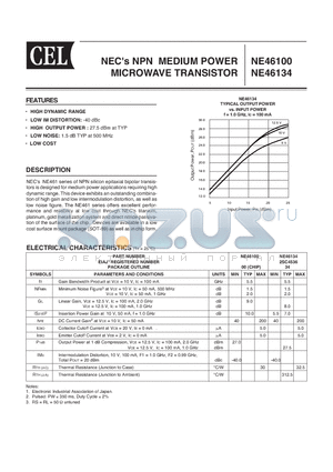 NE46134 datasheet - NECs NPN MEDIUM POWER MICROWAVE TRANSISTOR