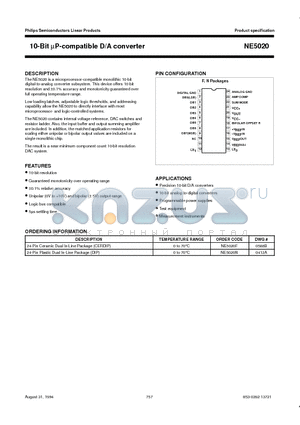 NE5020 datasheet - 10-Bit mP-compatible D/A converter