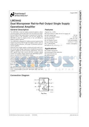 LMC6442 datasheet - Dual Micropower Rail-to-Rail Output Single Supply Operational Amplifier