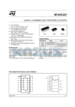 M74HC257TTR datasheet - QUAD 2 CHANNEL MULTIPLEXER (3-STATE)