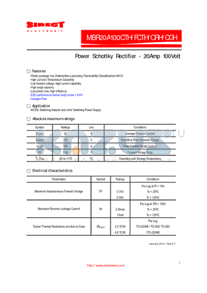 MBR20A100CRH datasheet - Power Schottky Rectifier - 20Amp 100Volt