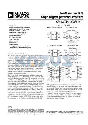 OP113 datasheet - Low Noise, Low Drift Single-Supply Operational Amplifiers