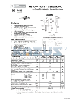 MBR20H100CT datasheet - 20.0 AMPS. Schottky Barrier Rectifiers