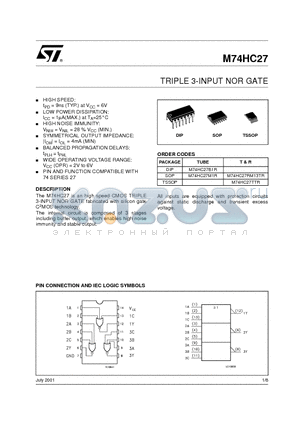 M74HC27B1R datasheet - TRIPLE 3-INPUT NOR GATE