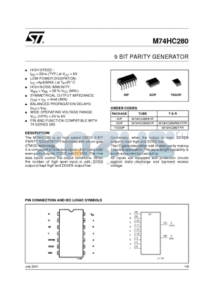 M74HC280 datasheet - 9 BIT PARITY GENERATOR