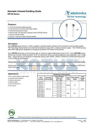 OP130 datasheet - Hermetic Infrared Emitting Diode